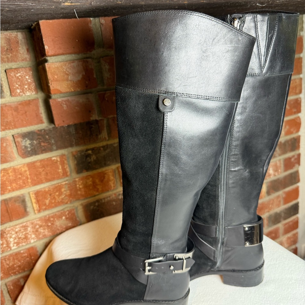 Edgy Vince Camuto Riding Boot Blk Leather & Suede Biker Riding Knee High MOTO - Picture 7 of 13